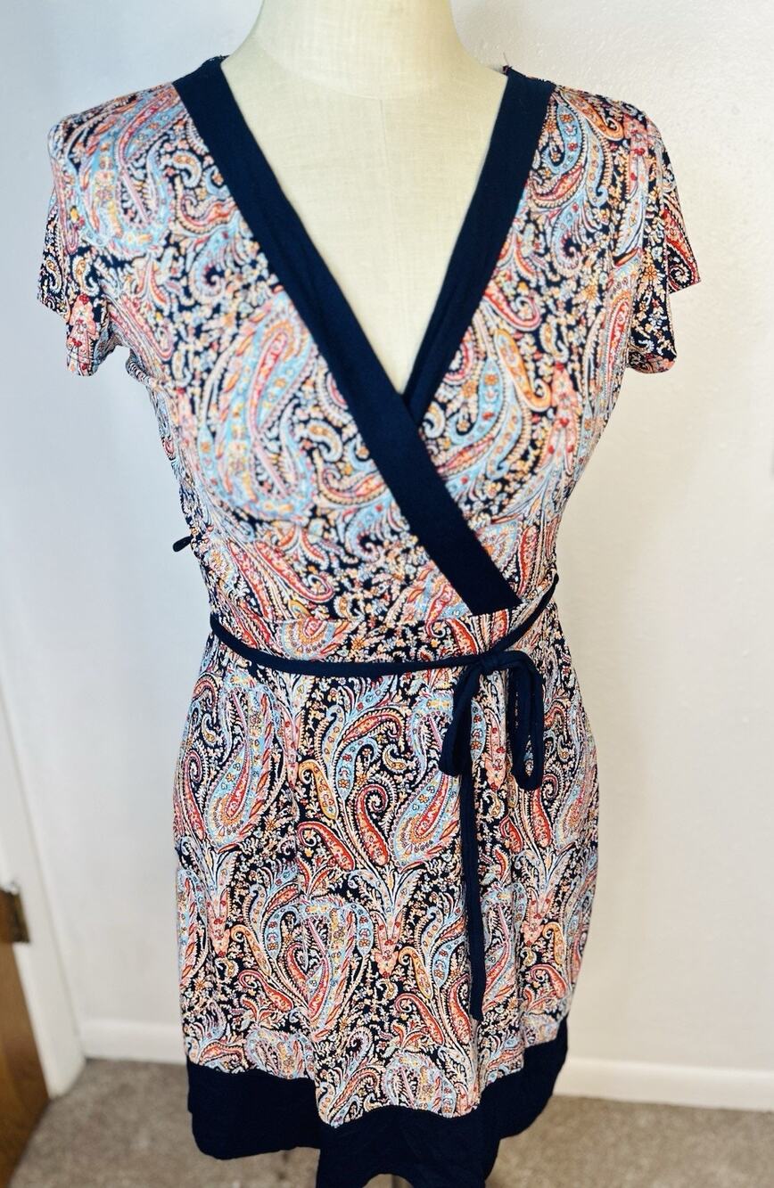 Vtg Y2K Paisley Print Boho V Neck Dress Small Summer Gilli